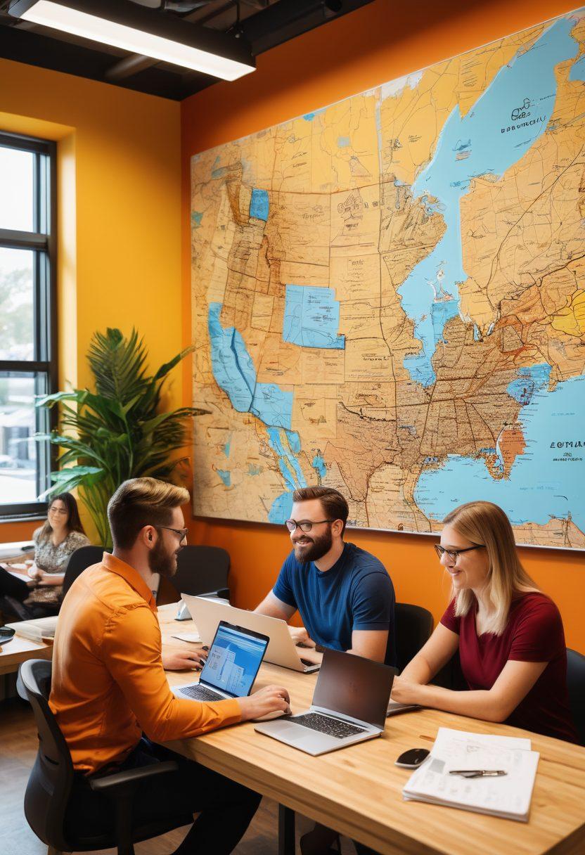 A vibrant scene of a diverse group of professionals engaged in blogging at a modern workspace, showcasing laptops, coffee cups, and inspiring decor. Incorporate elements of community, such as maps of the Gaylord area, personal achievements displayed on walls, and a sense of collaboration. Use warm colors to evoke positivity and growth. super-realistic. vibrant colors. 3D.