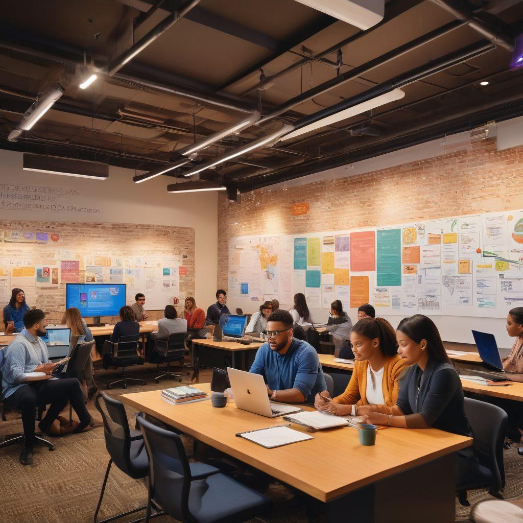 A vibrant scene showcasing a diverse group of individuals engaged in various professional activities, surrounded by books and digital devices related to career resources. Visual elements include a colorful flowchart illustrating pathways to professional growth with the Gaylord Community logo subtly integrated. The background showcases a modern workspace with motivational quotes on the wall, symbolizing inclusivity and inspiration. super-realistic. vibrant colors. warm lighting.