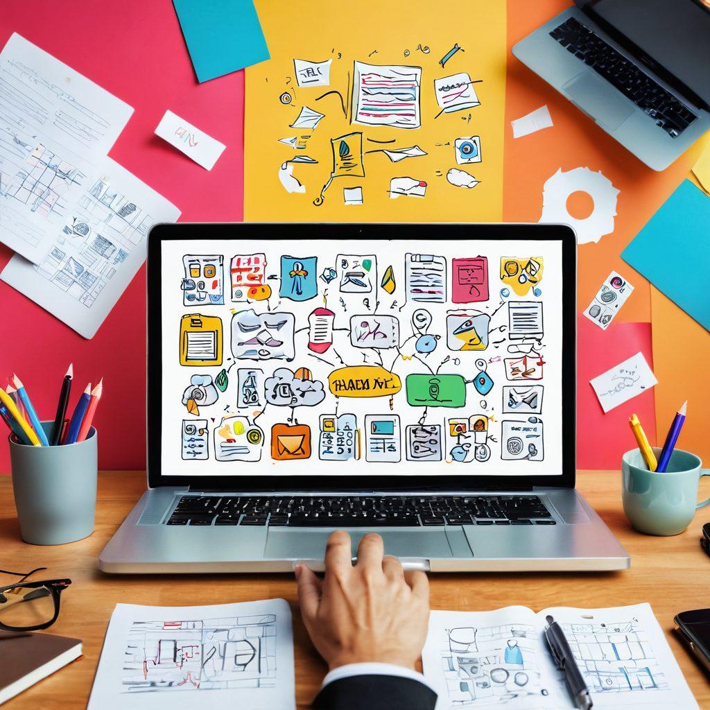 A dynamic laptop open on a desk, illustrating a vibrant online journal interface filled with colorful notes and connections between different entries. Surrounding the laptop, diverse individuals exchanging ideas and shaking hands, symbolizing networking. The background features floating icons of job opportunities like briefcases and growth charts. The scene is warm and inviting, encouraging collaboration and creativity. super-realistic. vibrant colors. white background.